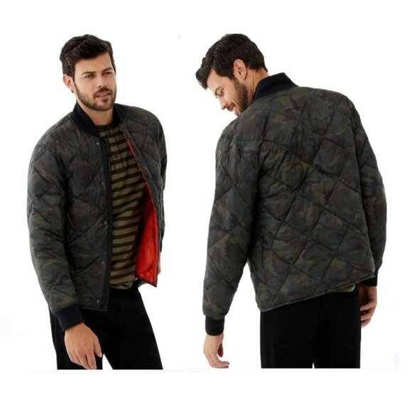 🤩Men's QUILTED jacket Sz S Free Assembly Camo Green Full Zip Snap 2 Pockets New